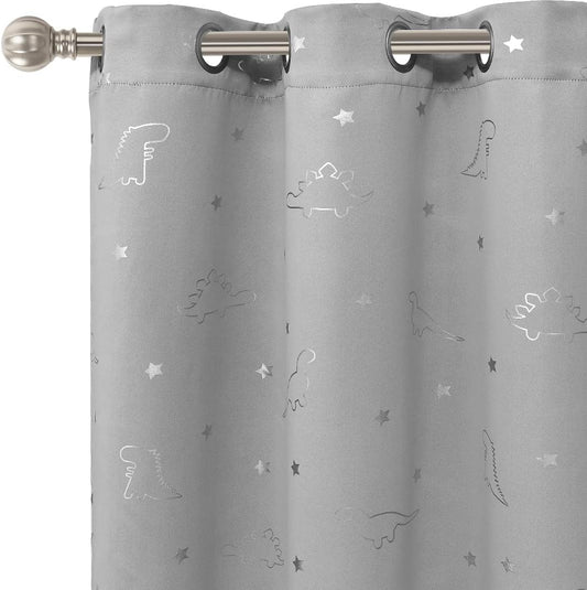 LORDTEX Dinosaur and Star Foil Print Blackout Curtains for Kids Room - Thermal Insulated Curtains Noise Reducing Window Drapes for Boys and Girls Bedroom, 42 x 84 Inch, Light Grey, Set of 2 Panels