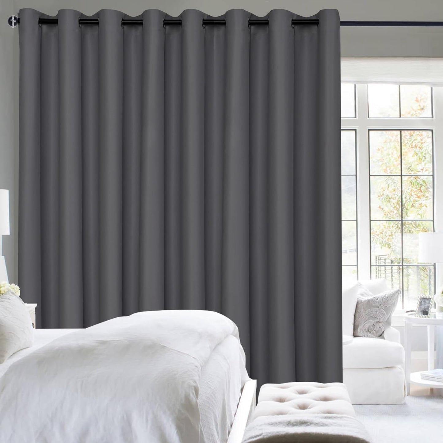 Hiasan Room Divider Blackout Curtains,Extra Wide 100 x 84 Inches Energy Smart&Noise Reducing Grommet Thermal Insulated Curtain for Patio Door,Any Room Partition,1 Panel Sewn with Tiebacks,Dark Grey