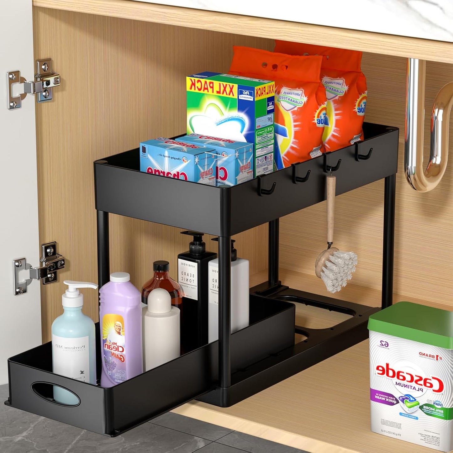 PUILUO 2 Set Under Sink Cabinet Organizer, 2 Tier Storage Under Cabinet Bathroom Under Sink Organizers and Storage Black Under Sink Storage for Bathroom Kitchen