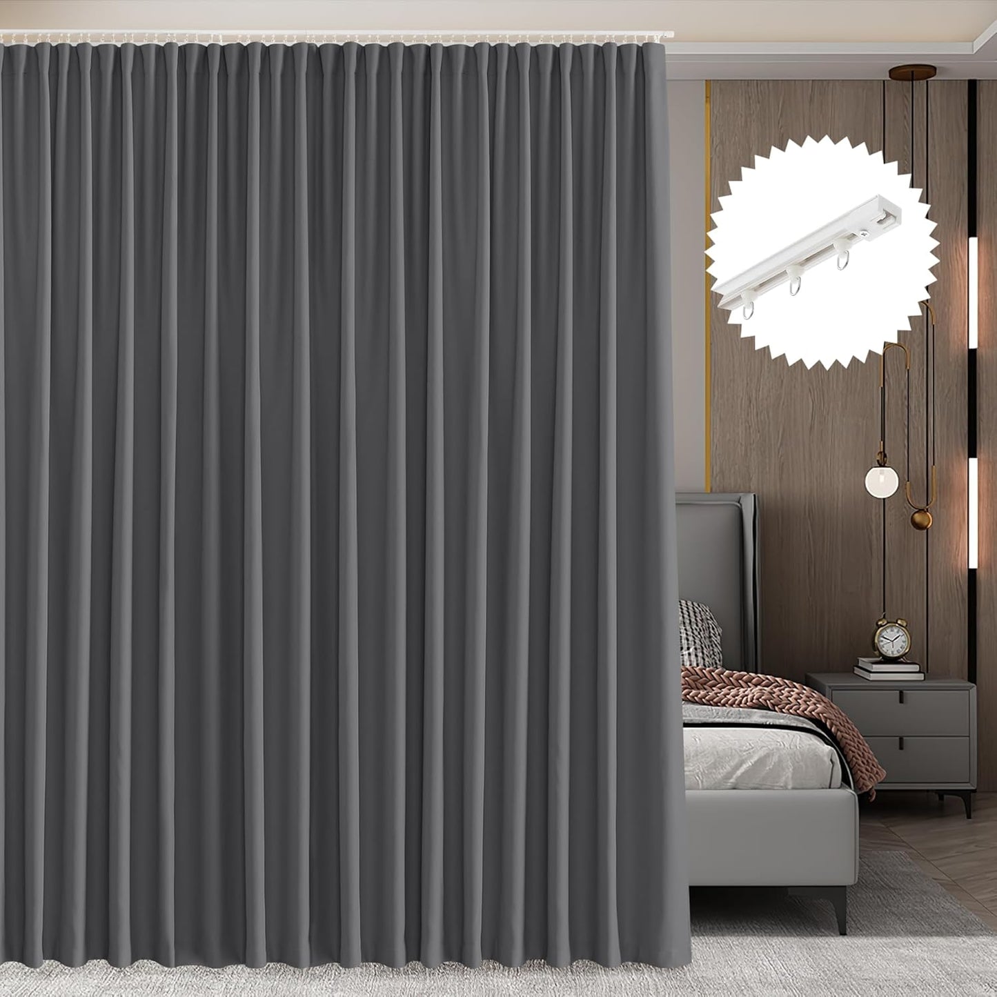 RYB HOME Closet Curtain, Ceiling Track Room Divider Curtain Kit, Blackout Privacy Room Partition for Bedroom/Laundry/Basement/Patio Door, W 60 x L 84, Grey, 1 Panel