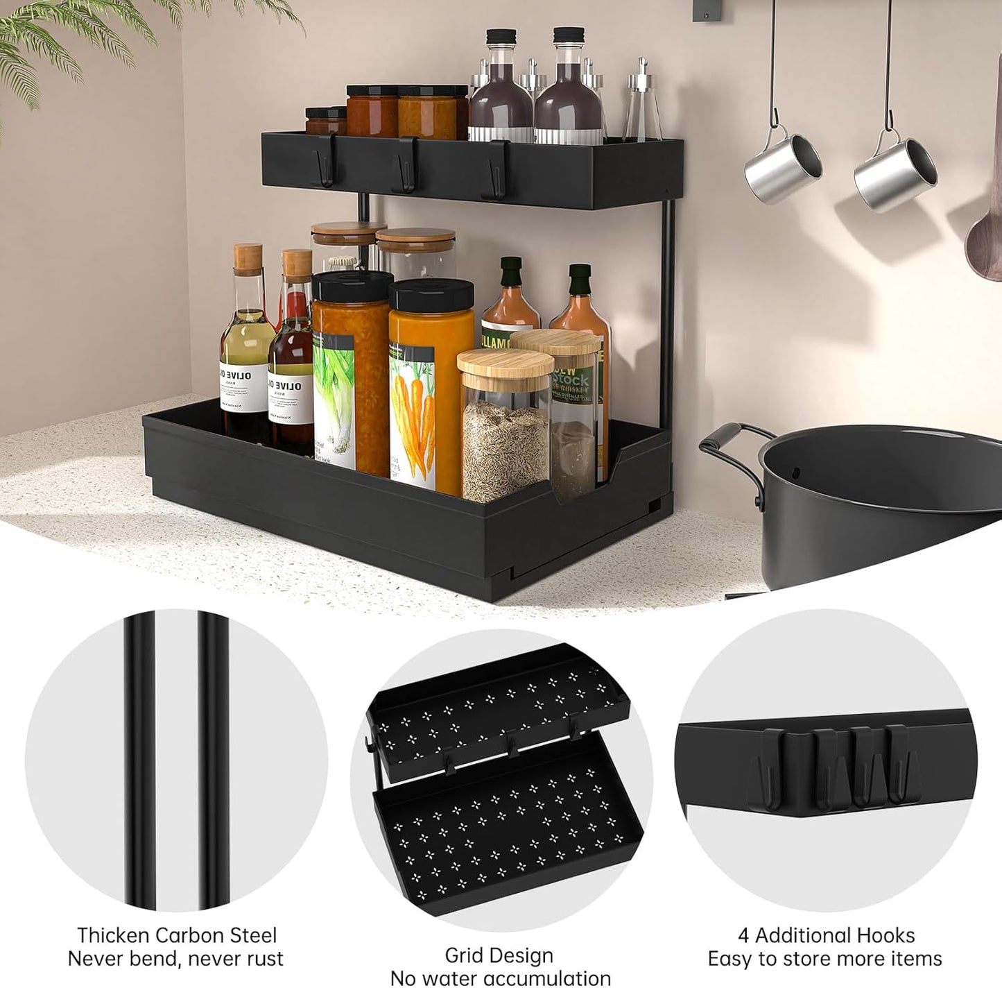2-Tier Under Sink Organizers 2 Pack Sliding L-shape Cabinet Organizers Narrow Space Storage Shelves Multi-purpose Sink Organizer Baskets with 4 Hook for Kitchen Bathroom Drawer, Black