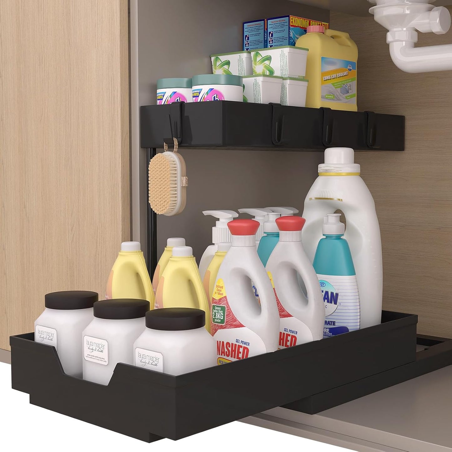 2-Tier Under Sink Organizers 2 Pack Sliding L-shape Cabinet Organizers Narrow Space Storage Shelves Multi-purpose Sink Organizer Baskets with 4 Hook for Kitchen Bathroom Drawer, Black