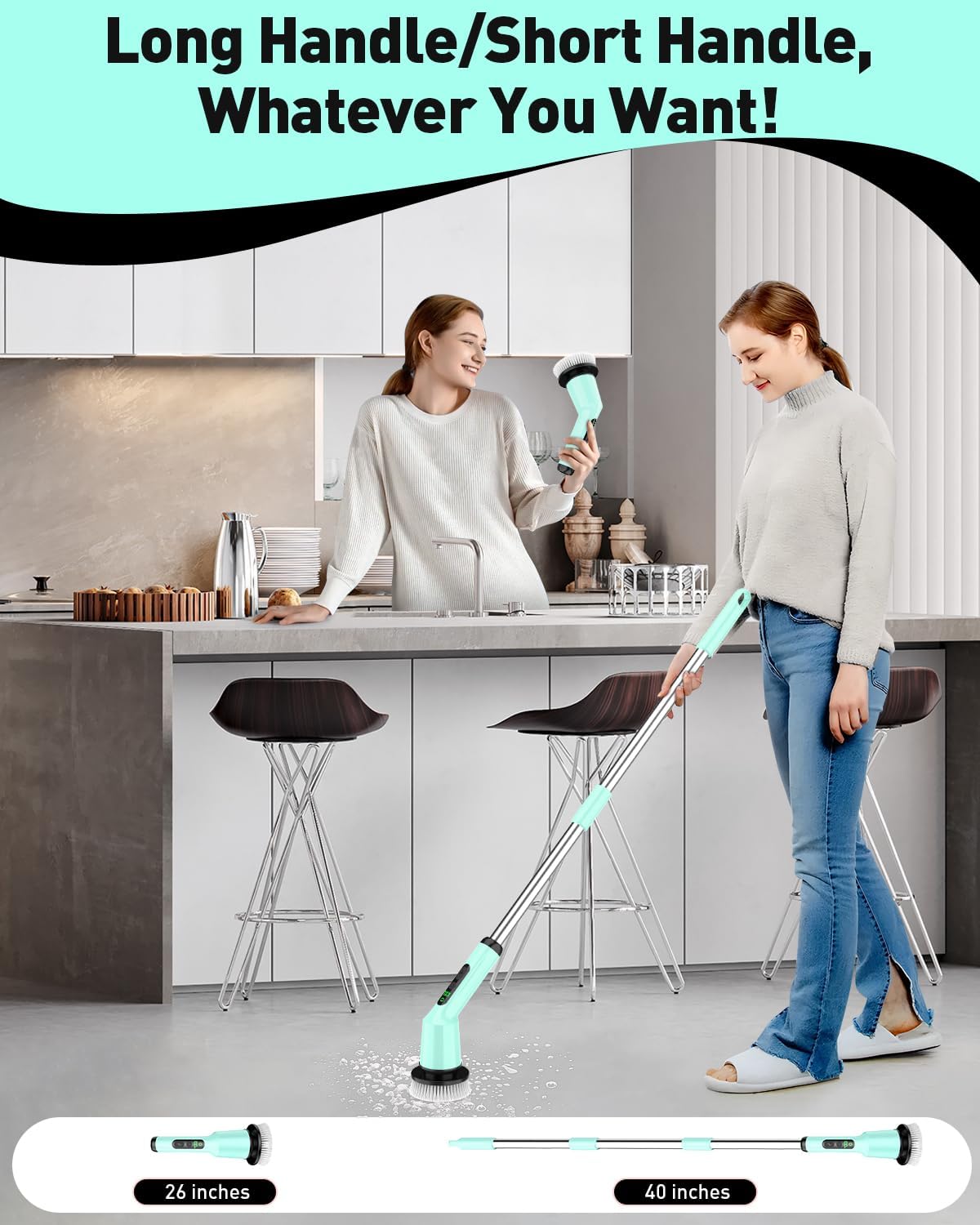 Electric Spin Scrubber for Cleaning Bathroom, Shower Scrubber Cordless Cleaning Brush with IPX7 Waterproof & 2 Speed, 3 Brush Heads, Bathroom Cleaning Supplies for Toilet Shower Tub Mint Green