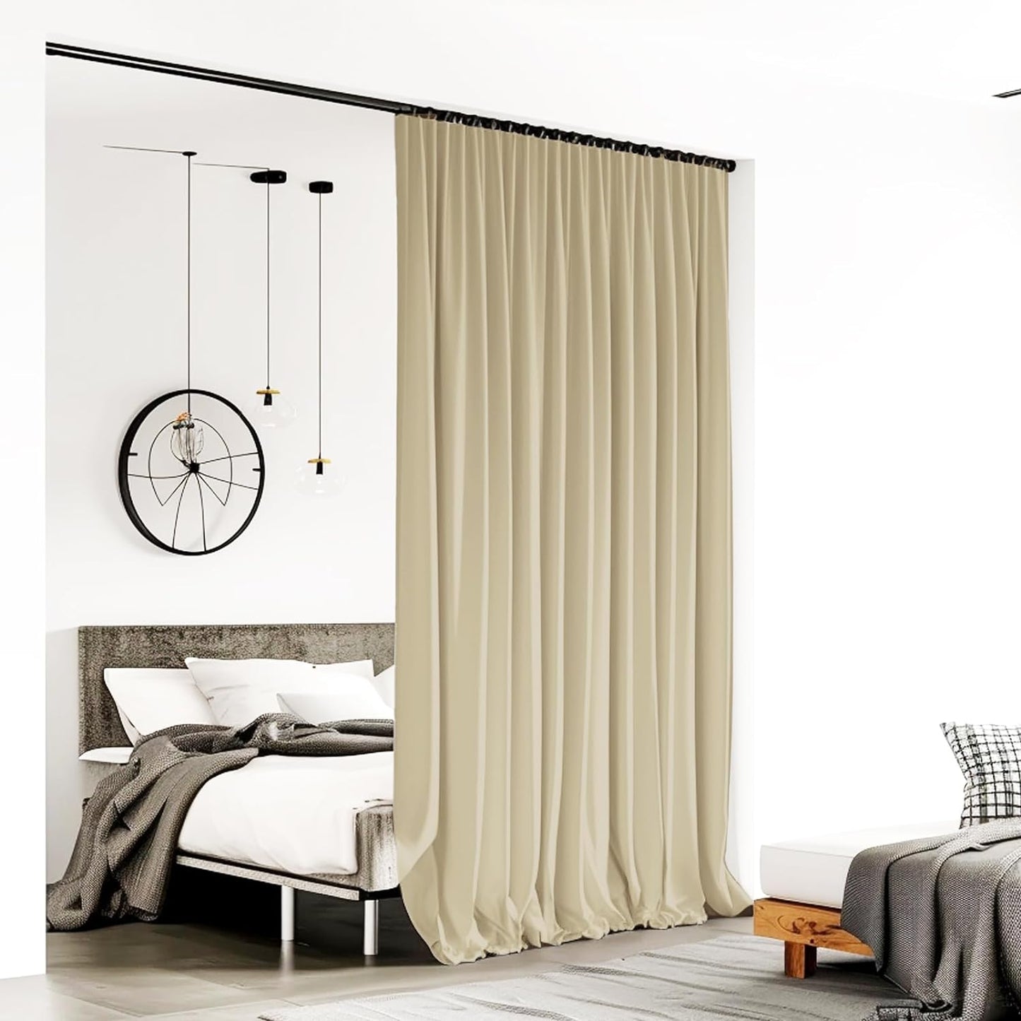 Room Divider Curtain, 8.3 ft Wide x 7 ft Tall, Cream Beige, 1 Panel, Blackout, Noise Reduction, Privacy, Curtain for Wall Ceiling Mount Track