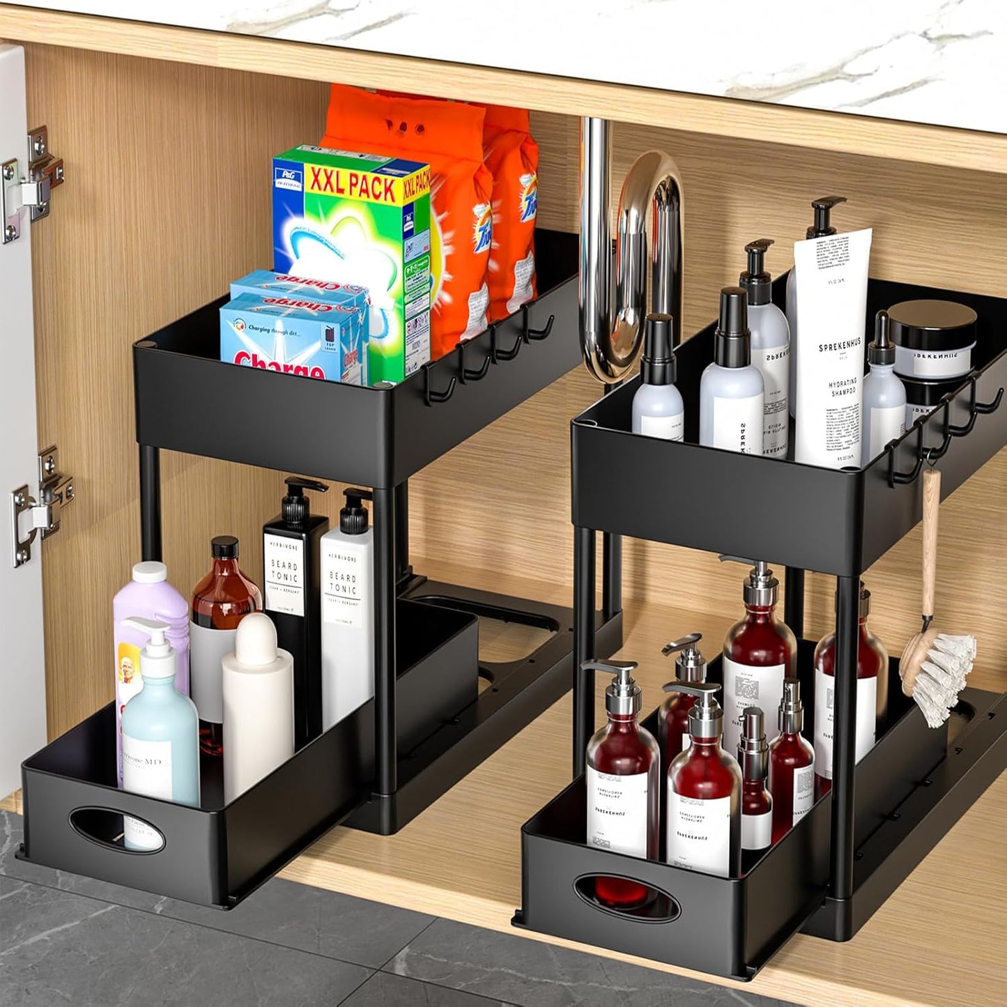 PUILUO 2 Set Under Sink Cabinet Organizer, 2 Tier Storage Under Cabinet Bathroom Under Sink Organizers and Storage Black Under Sink Storage for Bathroom Kitchen