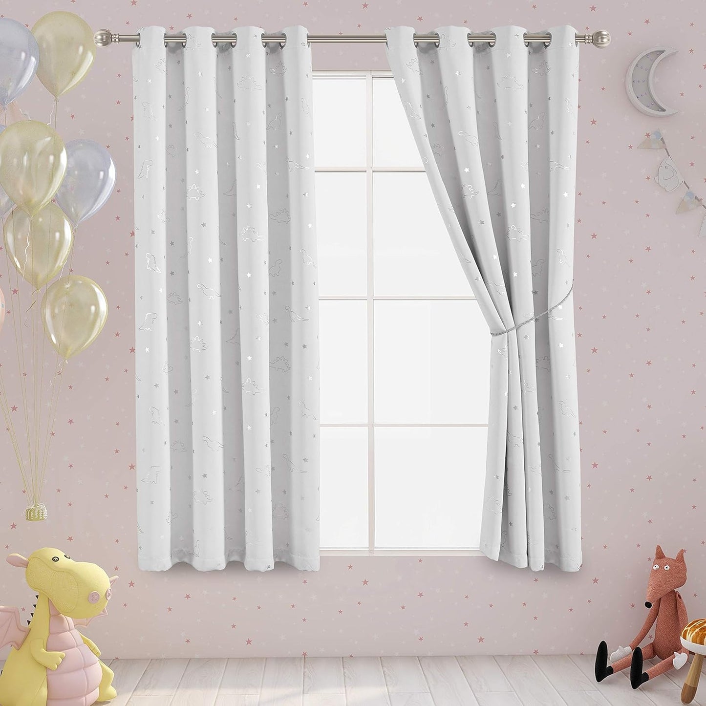 LORDTEX Dinosaur and Star Foil Print Blackout Curtains for Kids Room - Thermal Insulated Curtains Noise Reducing Window Drapes for Boys and Girls Bedroom, 42 x 84 Inch, Light Grey, Set of 2 Panels