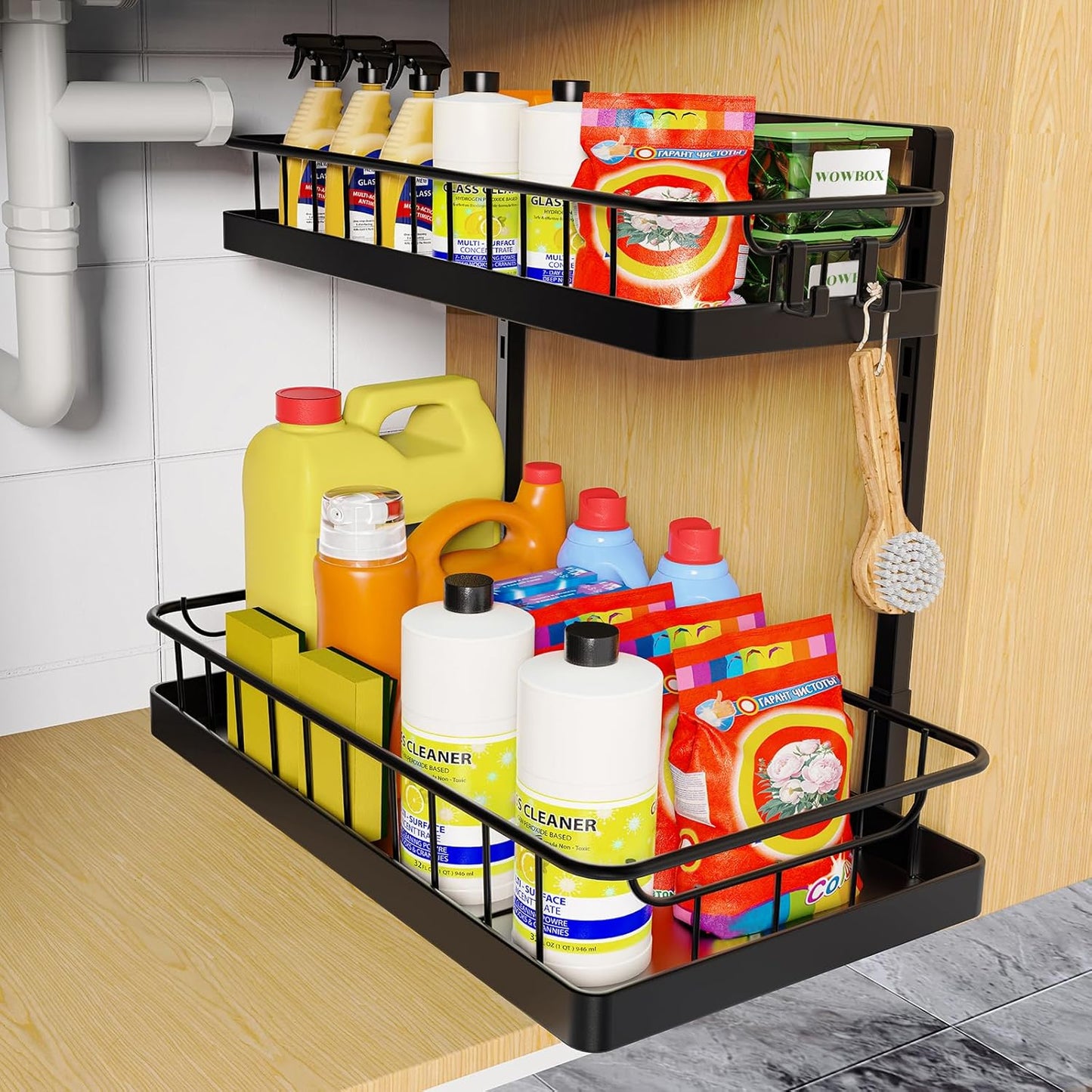 WOWBOX 2 Pack Under Sink Organizer 2 Tier Slide Out Cabinet Organizer Under Sink Organizers and Storage for Kitchen Bathroom Pantry