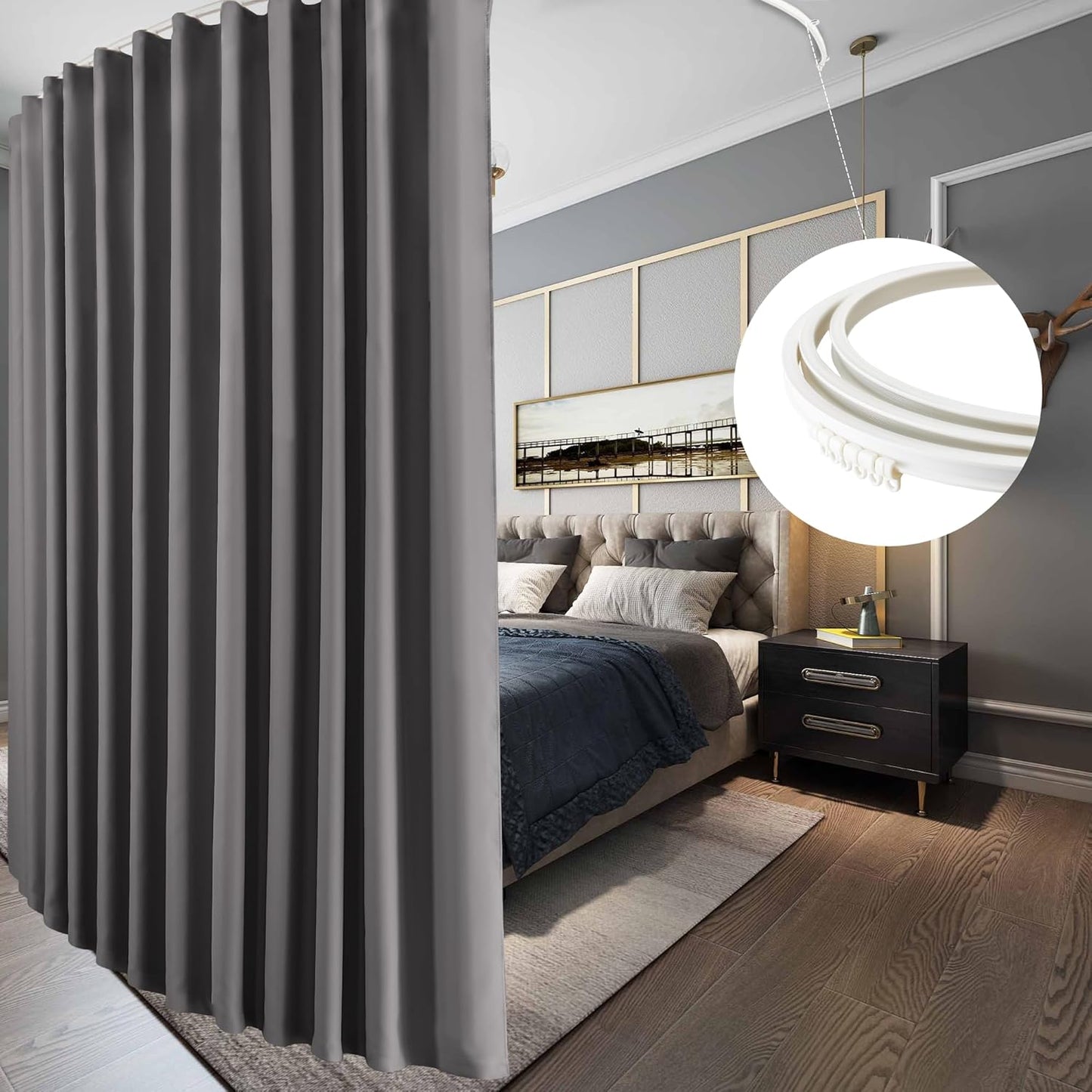 RYB HOME Closet Curtain, Ceiling Track Room Divider Curtain Kit, Blackout Privacy Room Partition for Bedroom/Laundry/Basement/Patio Door, W 60 x L 84, Grey, 1 Panel