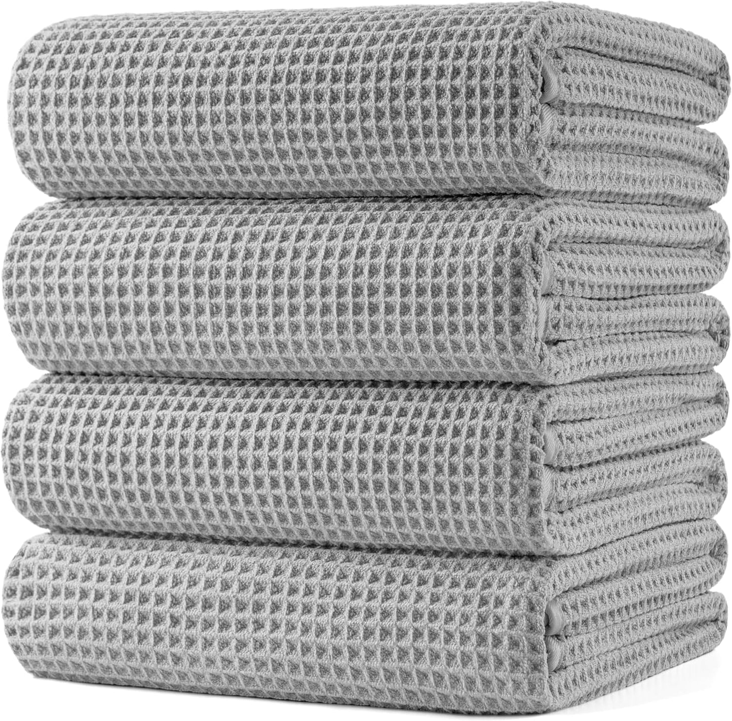 POLYTE Microfiber Oversize Quick Dry Lint Free Bath Towel, 60 x 30 in, 4 Pack (Gray, Waffle Weave)