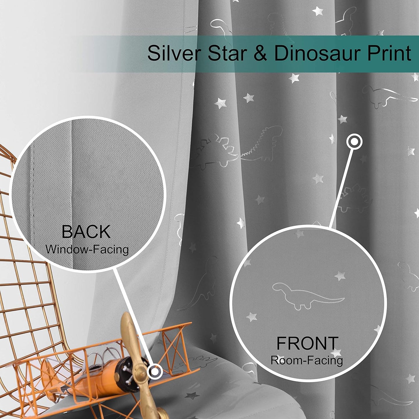 LORDTEX Dinosaur and Star Foil Print Blackout Curtains for Kids Room - Thermal Insulated Curtains Noise Reducing Window Drapes for Boys and Girls Bedroom, 42 x 84 Inch, Light Grey, Set of 2 Panels