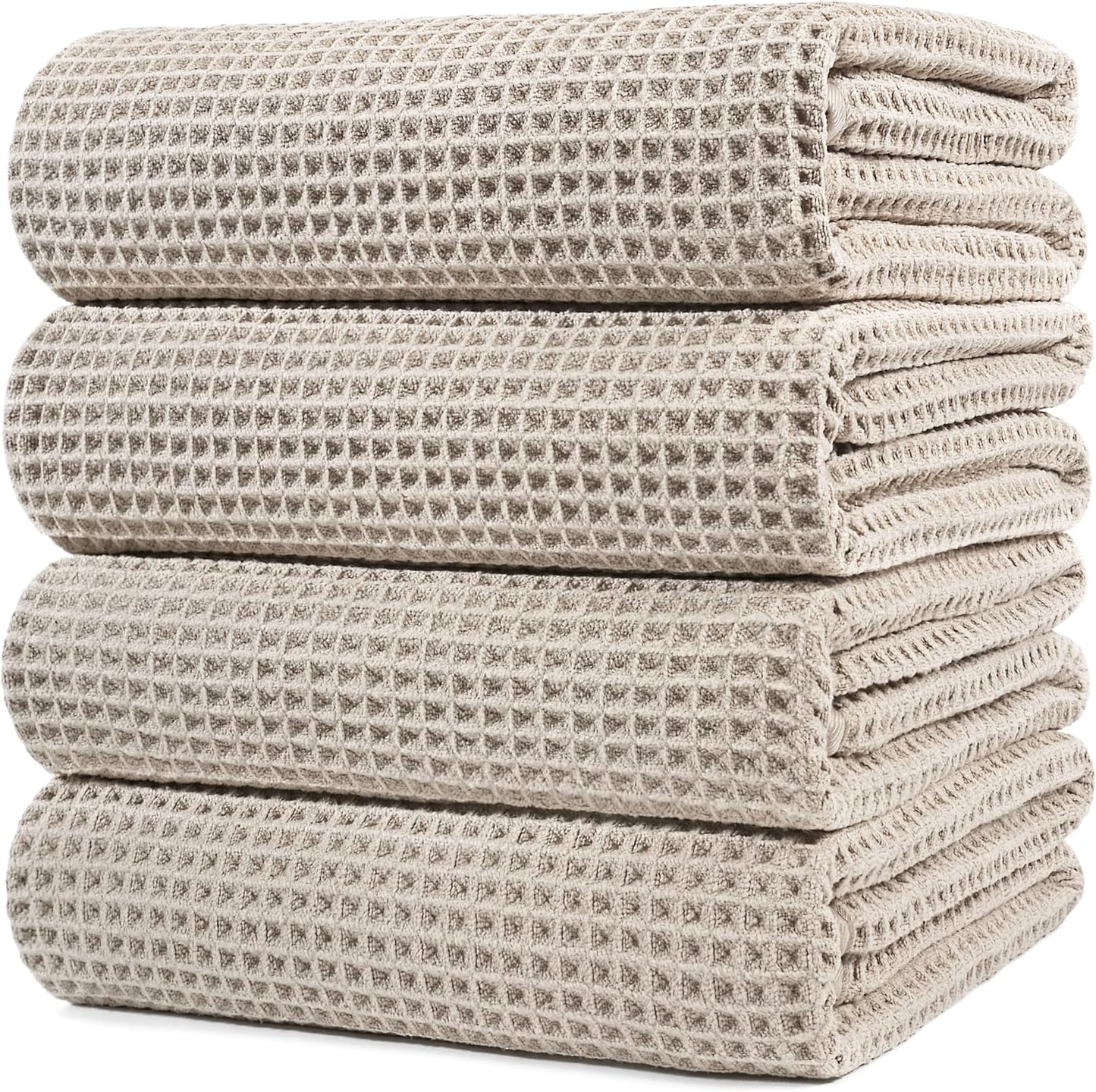 POLYTE Microfiber Oversize Quick Dry Lint Free Bath Towel, 60 x 30 in, 4 Pack (Gray, Waffle Weave)