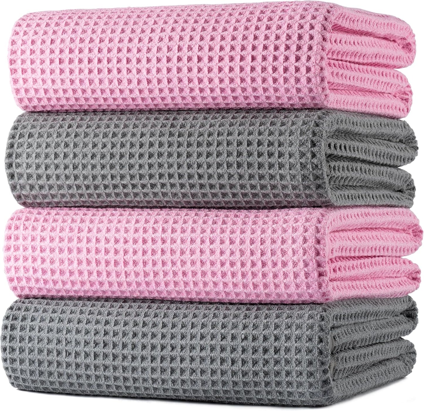 POLYTE Microfiber Oversize Quick Dry Lint Free Bath Towel, 60 x 30 in, 4 Pack (Gray, Waffle Weave)