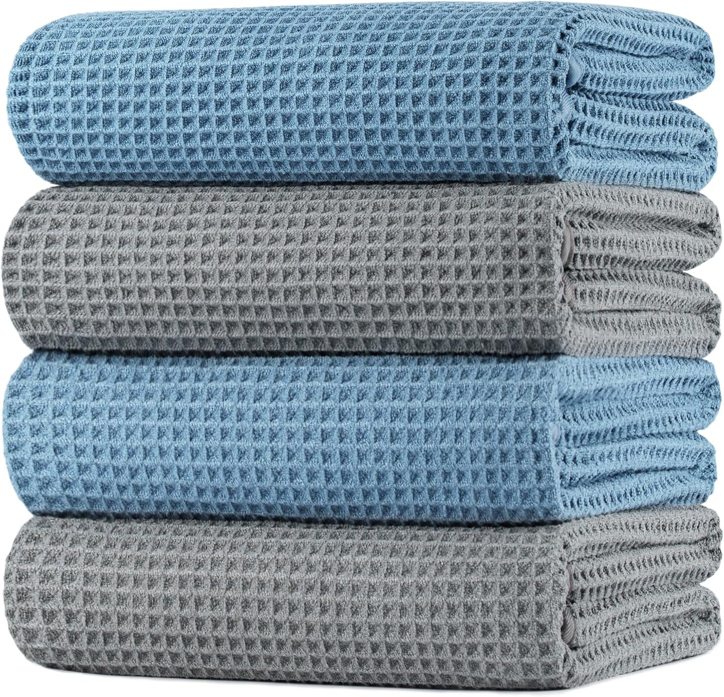 POLYTE Microfiber Oversize Quick Dry Lint Free Bath Towel, 60 x 30 in, 4 Pack (Gray, Waffle Weave)