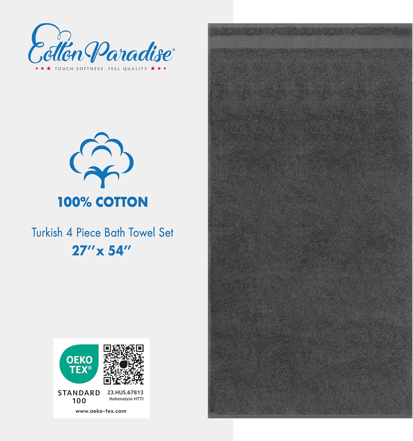 Cotton Paradise 4 Piece Turkish Bath Towels for Bathroom, Extra Large Soft Plush Towels Bathroom Set, Dark Gray