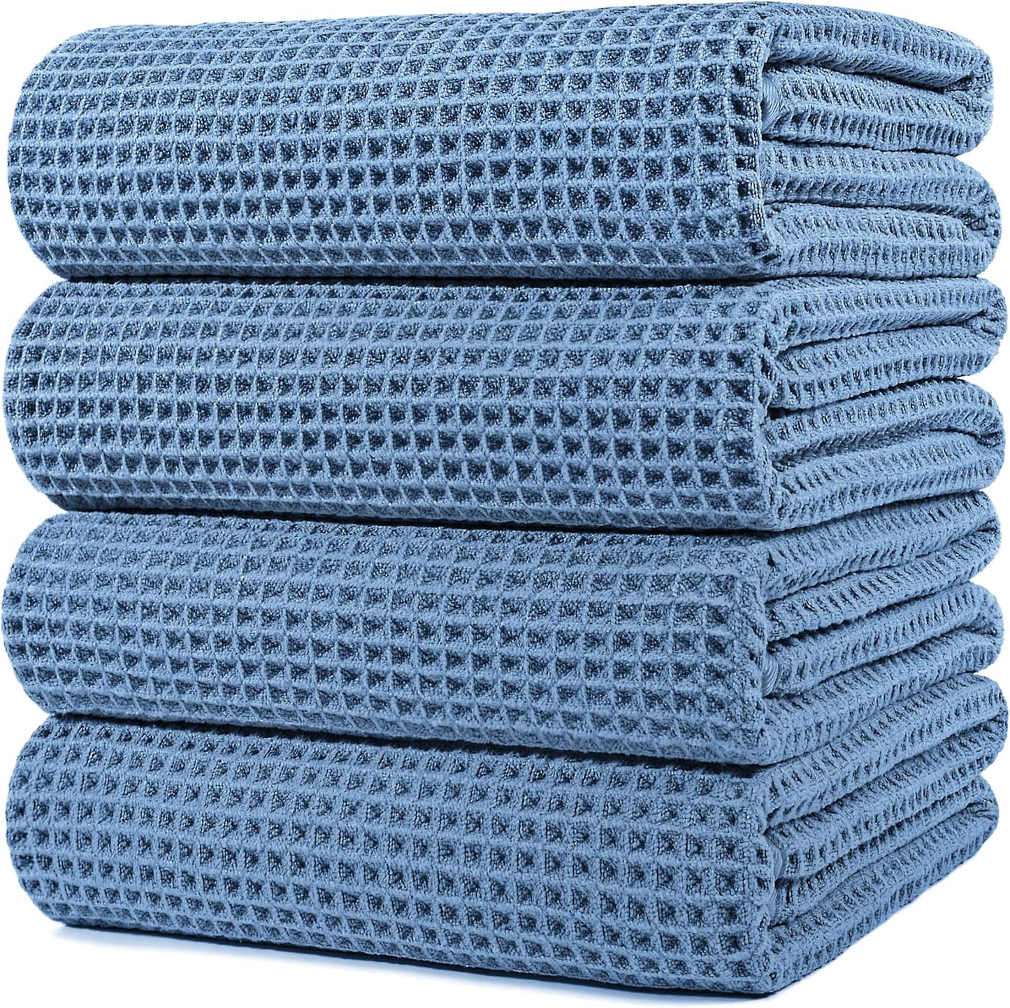 POLYTE Microfiber Oversize Quick Dry Lint Free Bath Towel, 60 x 30 in, 4 Pack (Gray, Waffle Weave)